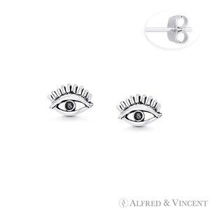 Evil Eye w/ Lash Luck Charm 5x8mm Tiny Stud Earrings in .925 Sterling Silver